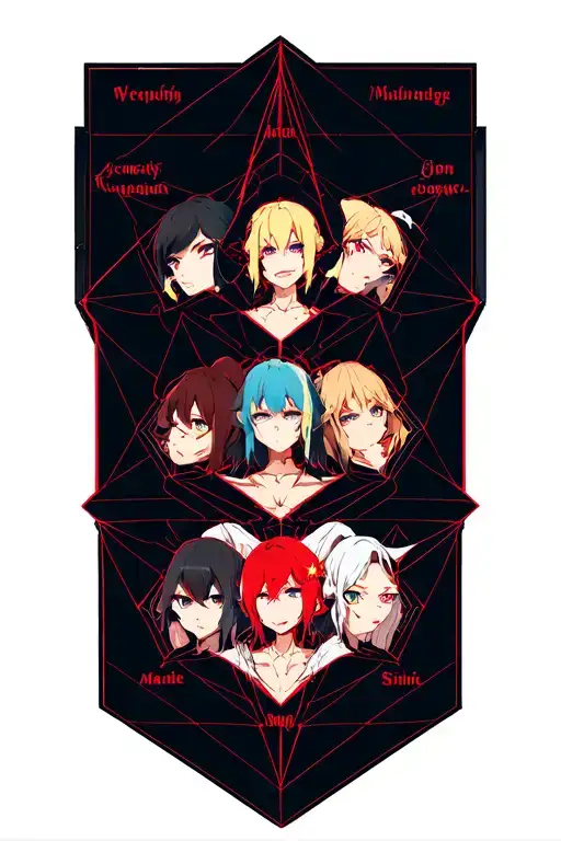 characters from seven deadly sins , with lines linking each character inna geometri. pattern ,each sin name in red tattoo design idea