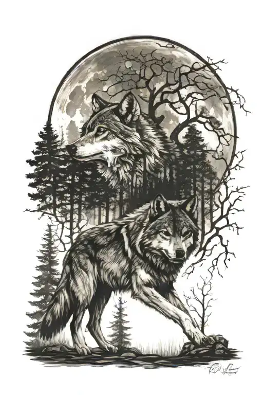A wolf howls beneath a glowing full moon, surrounded by a dark forest, with a small fireplace flickering at its feet. tattoo design idea