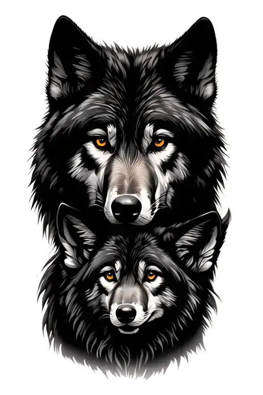 wolf family with 2 cubs face only tattoo design idea