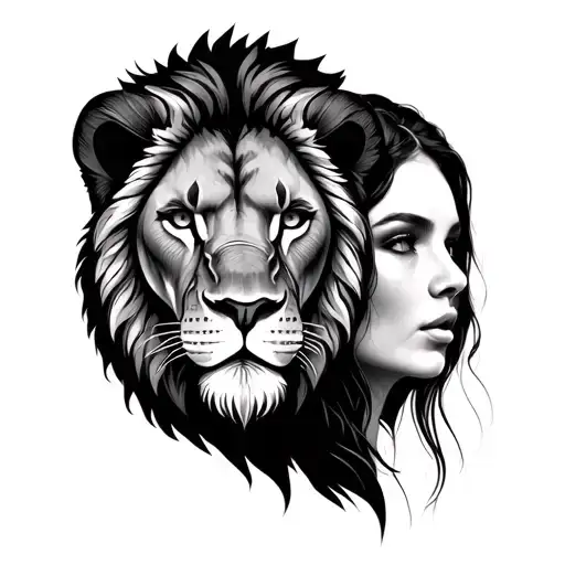 lion and woman face profile holding tattoo design idea