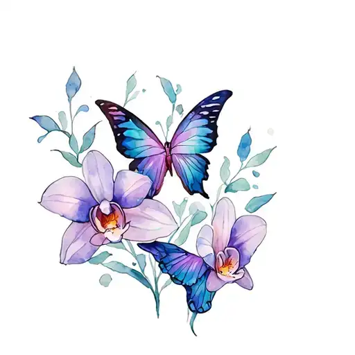 butterfly, wolf, orchid flowers tattoo design idea