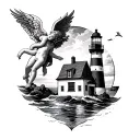 lighthouse and cherub angel tattoo design idea