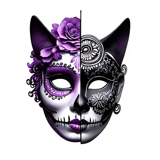 Half Venetian mask, half Mexican catrina. Violet color tattoo design idea