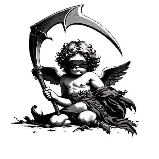 cherub blindfold holding scythe  tattoo design idea