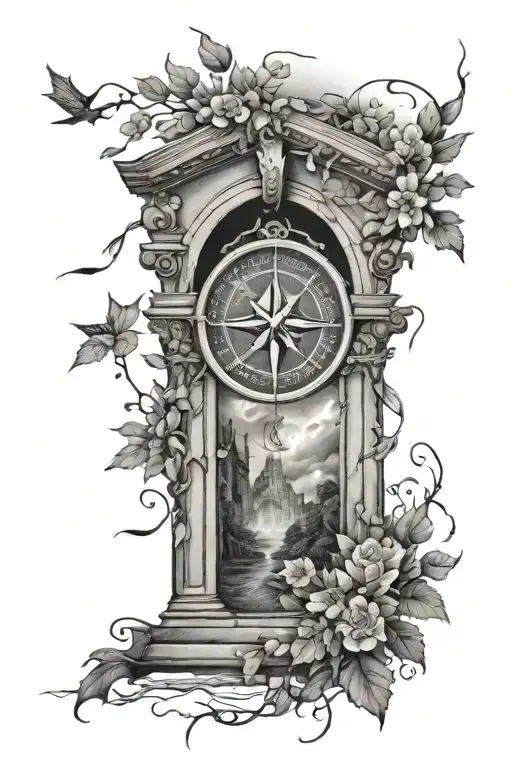 arch monument, vine wrapping the arch, lightening sky inside the arch, compass rose inside the arch. tattoo design idea