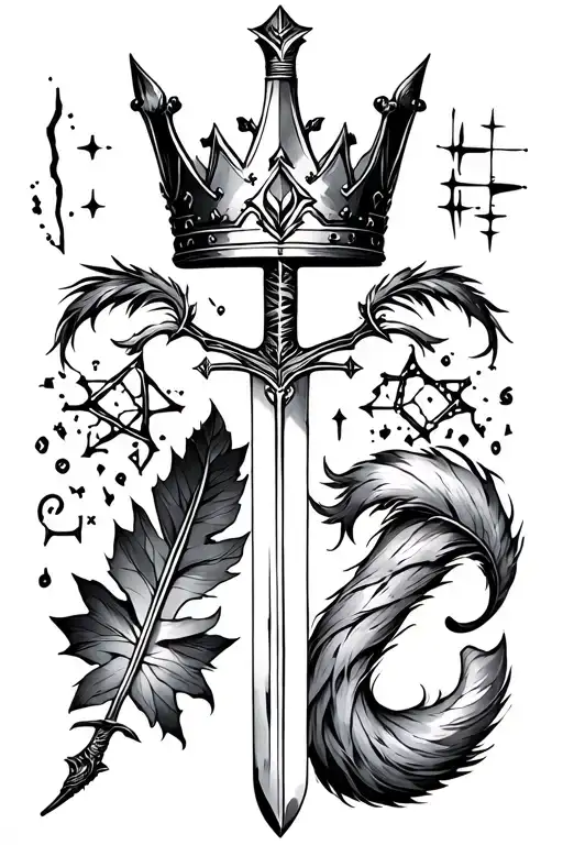Broken Crown with quill and sword, elven leaf, fox tail and glyphs/constellations. tattoo design idea