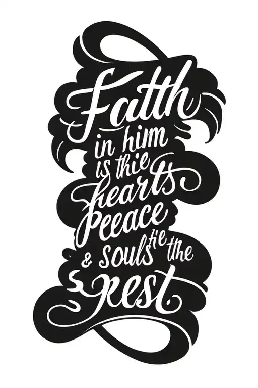 tattoo on spine going down saying “Faith in him is the hearts peace & the souls rest” in english cursive tattoo design idea