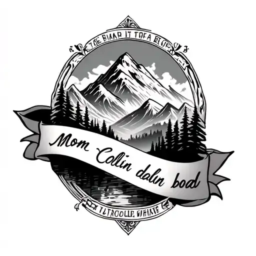 A full forearm piece with the names mom dad Collin bode written in like ribbon as well as a mountain scene in the back  tattoo design idea
