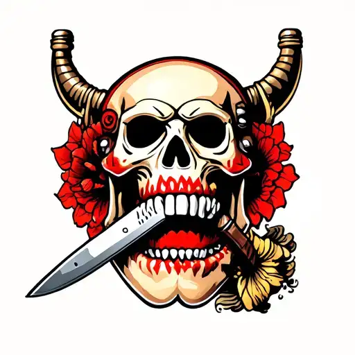 japanese oni mask skull holding knife in teeth tattoo design idea