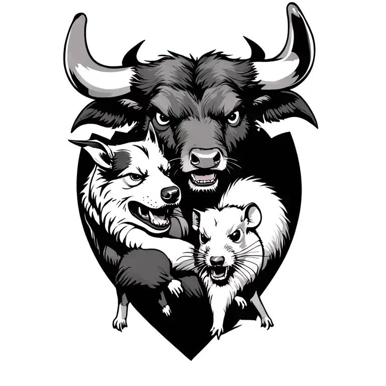 Angry ox protecting a dog and a rat holding tattoo design idea