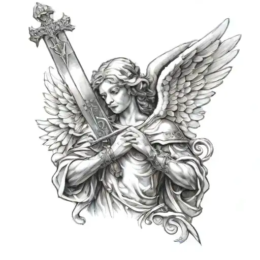 A realistic tattoo of a guardian angel with a sword would typically feature intricate details that bring the design to l tattoo design idea