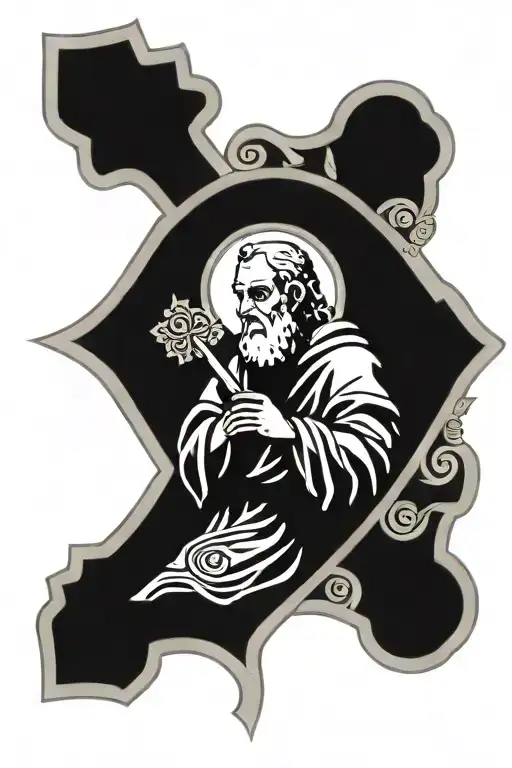 saint peter holding cross with paisly style filagry tattoo design idea