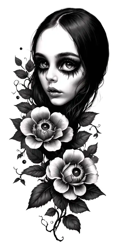 eyeballs and creepy floral with vines tattoo design idea