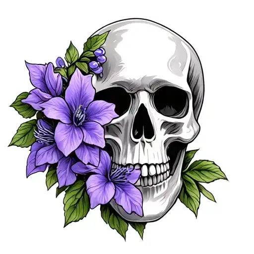 skull and purple clematis flowers intertwined tattoo design idea