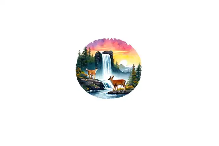 wolves protecting a baby deer by the waterfall with the sunset  tattoo design idea