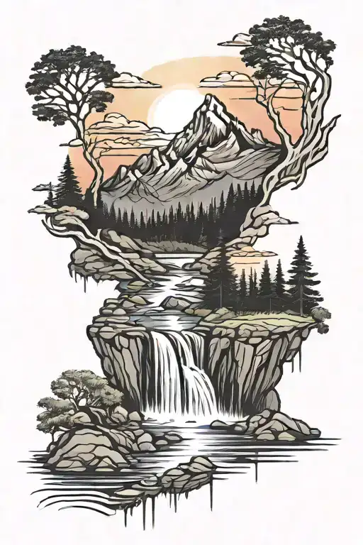 Half sleeve tattoo with mountains trees sun set waterfall and lake all dark colors tattoo design idea