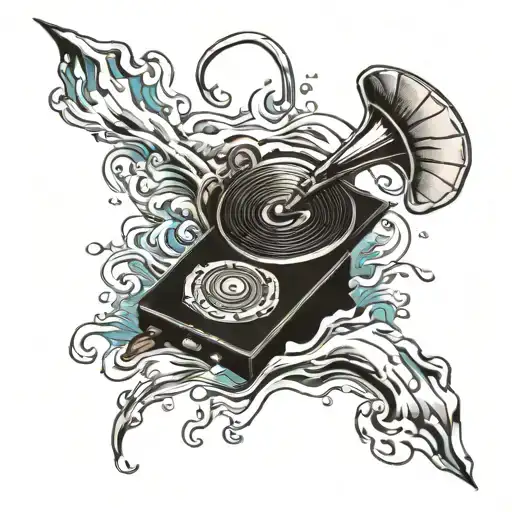 gramophone sunken at bottom of sea tattoo design idea