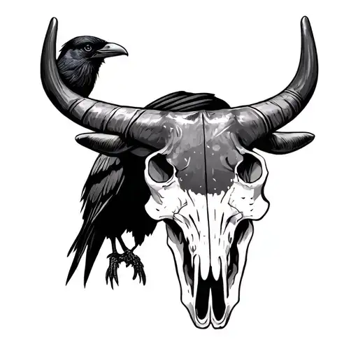 Longhorn skull and crow perched tattoo design idea