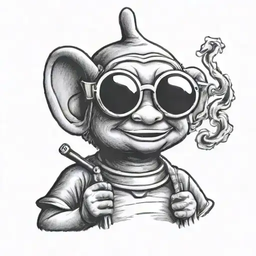 Dipsy from Teletubbies smoking with sunglasses tattoo design idea