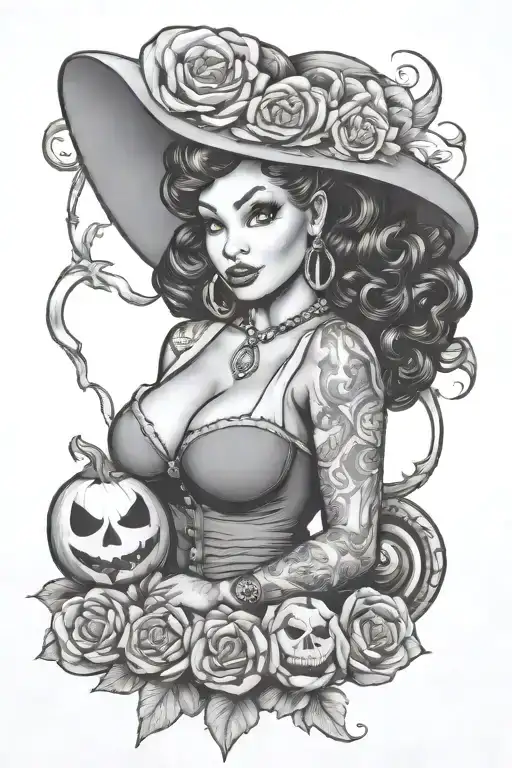 chubby Halloween pin up girl black girl fro  tattoo design idea