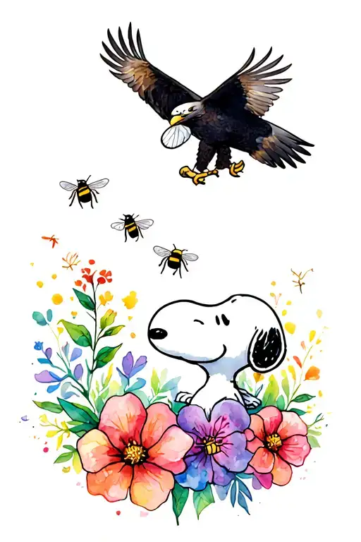 snoopy, flowers, bees, eagle soaring tattoo design idea