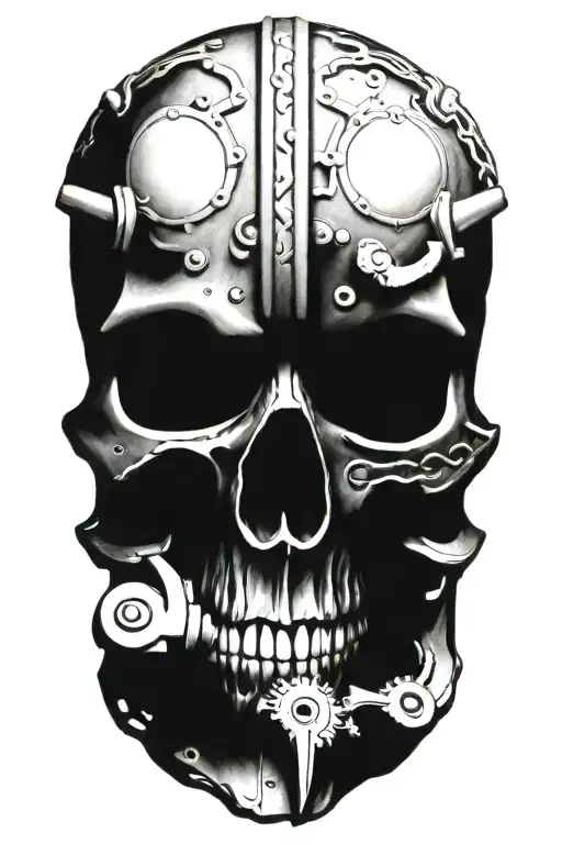 viking skull with fangs, crossed swords, surounded by gears and engine pistons tattoo design idea