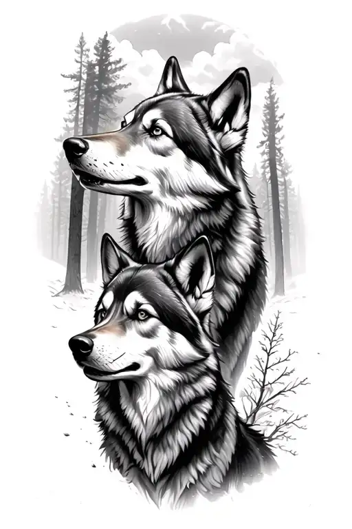 pack of three wolves in the woods looking up at the sky tattoo design idea