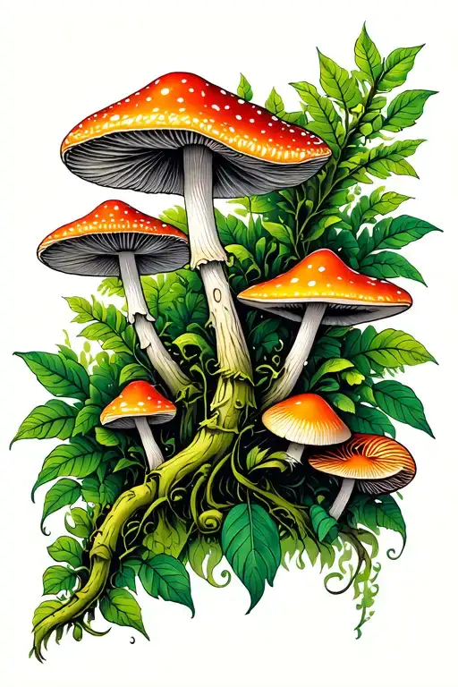 psilocybin mushrooms with ayahuasca vines tattoo design idea