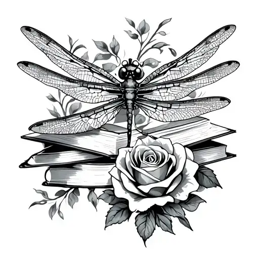 dragonfly, roses intertwined, books surrounded tattoo design idea