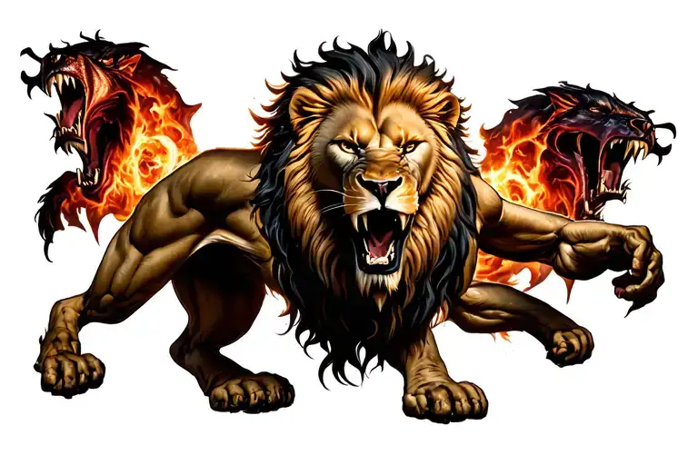 roaring lion fighting demons tattoo design idea