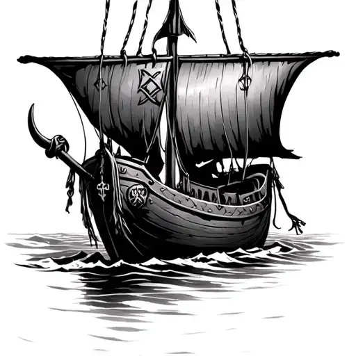 viking sacrifice boat with hanging ropes holding runes tattoo design idea