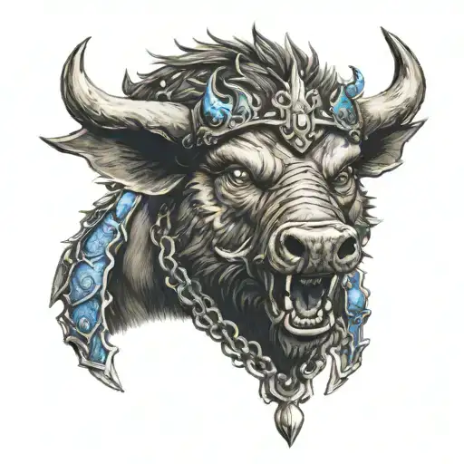 angry boar head on chained armor wearing a crown with blue eyes tattoo design idea