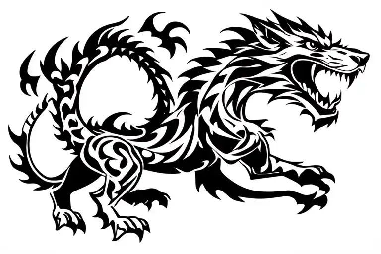 Tribal Lion killing a Dragon wrapped tattoo design idea