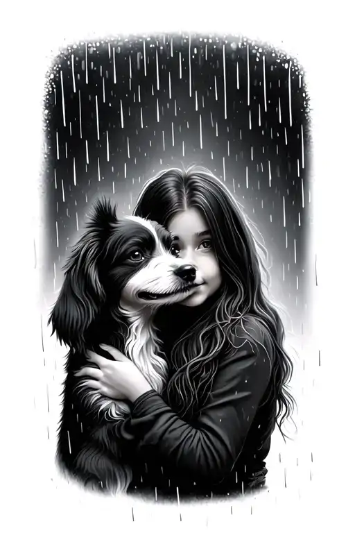 Girl and dog hugging in the rain tattoo design idea