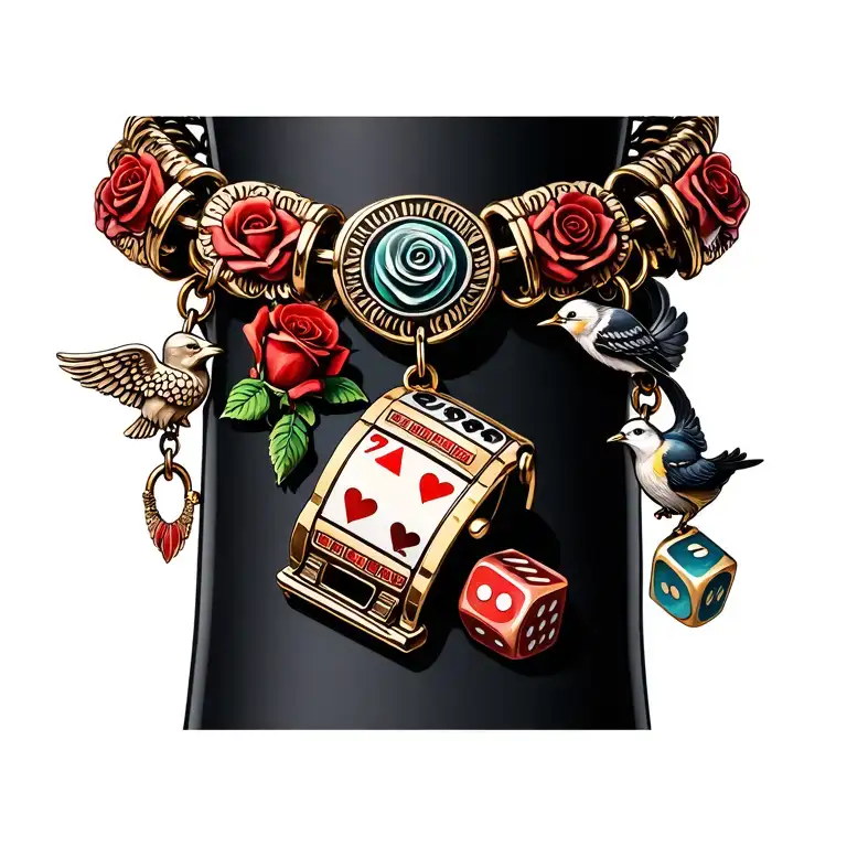 Wrist charm bracelet tattoo with charms of a rose, slot machine, pair of dice, angel, and bird tattoo design idea