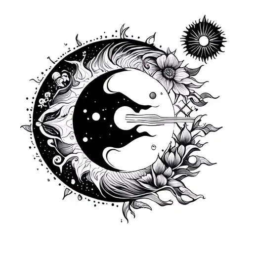 strong tea magic sun moon space land tattoo design idea