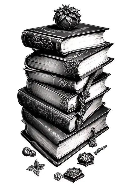a stack of old gothic books surrounded by common items found in dark romance novels tattoo design idea