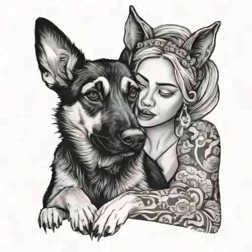 beautiful  mexican woman with thick eye-lashes hugging a german shepard puppy with her eyes closed and sad tattoo design idea