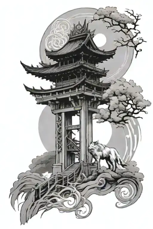 Amaterasu and a Tori gate bridge tattoo design idea