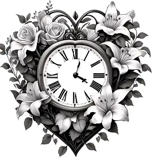 heart shaped clock with roses and stargazer lilies with vines tattoo design idea