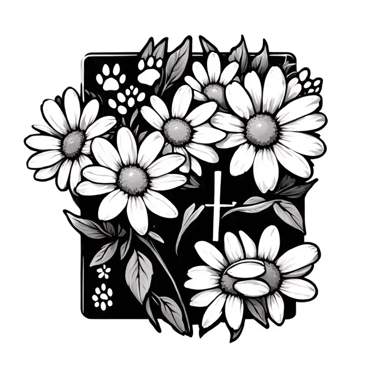 white daisies, cross, dog paw print tattoo design idea