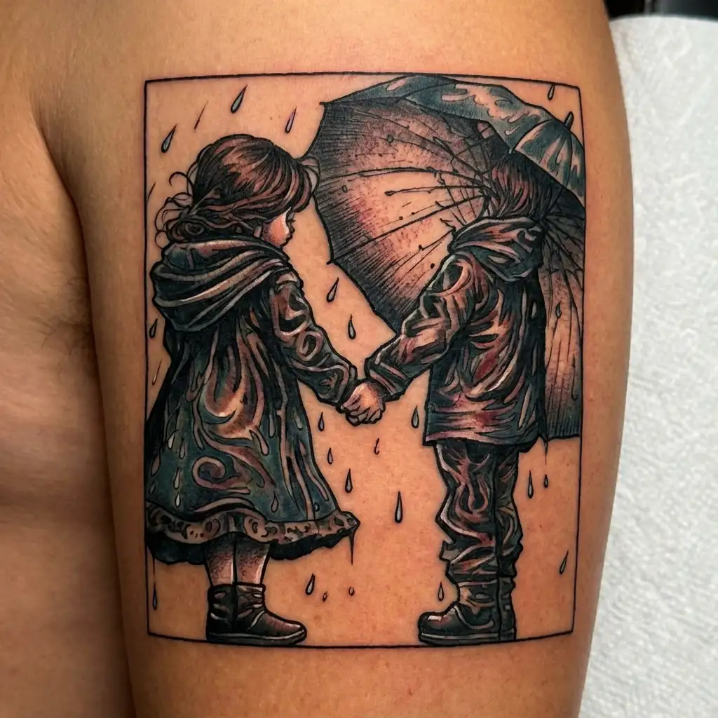 silhouette of sister holding younger brother's hand in the rain with umbrella tattoo design idea