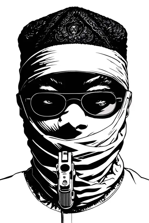 guns and man in ski mask holding tattoo design idea