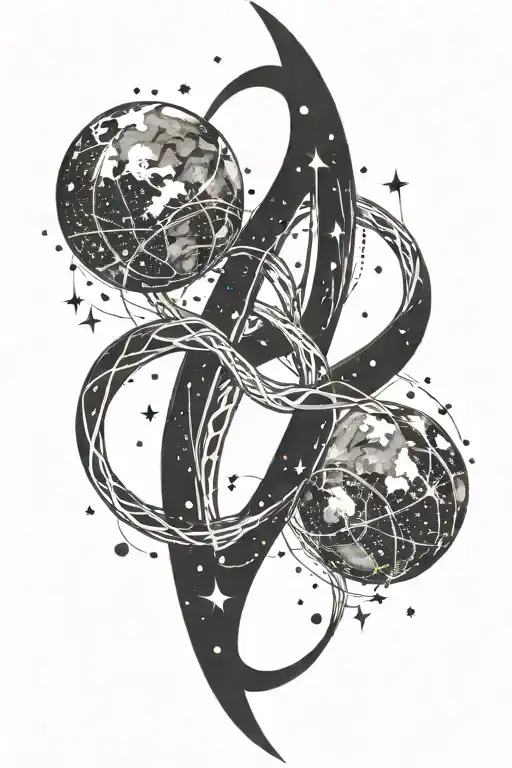 infinity symbol intertwined with galaxy filled with planets and stars and the earth  tattoo design idea