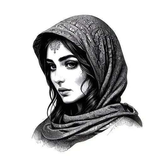 middle eastern woman in hood tattoo design idea