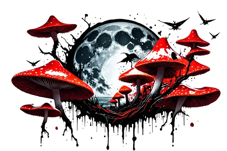 Flying fungus in the forest with river moon tattoo design idea