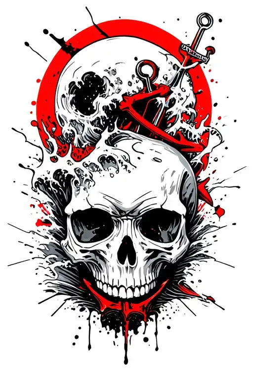 skull and an anchor and wave crashing tattoo design idea