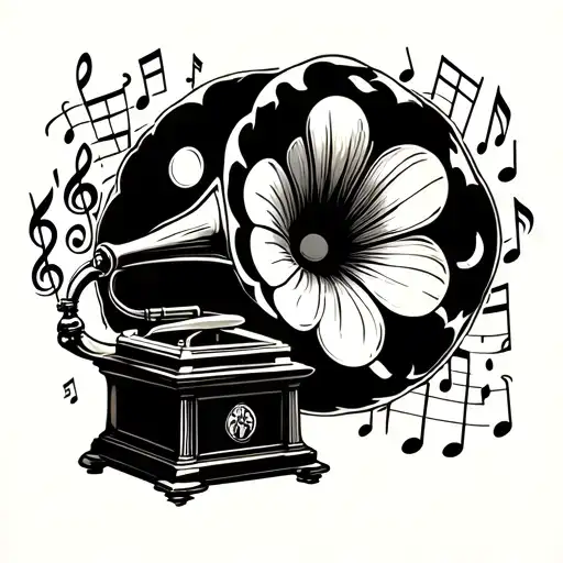 gramophone surrounded by musical notes tattoo design idea