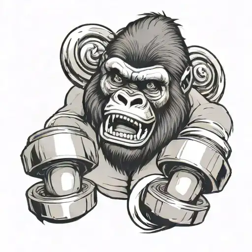 gorilla's face screaming for max effort. a scroll that flows around, an hourglass, a pencil, a gym disc tattoo design idea
