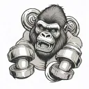 gorilla's face screaming for max effort. a scroll that flows around, an hourglass, a pencil, a gym disc tattoo design idea